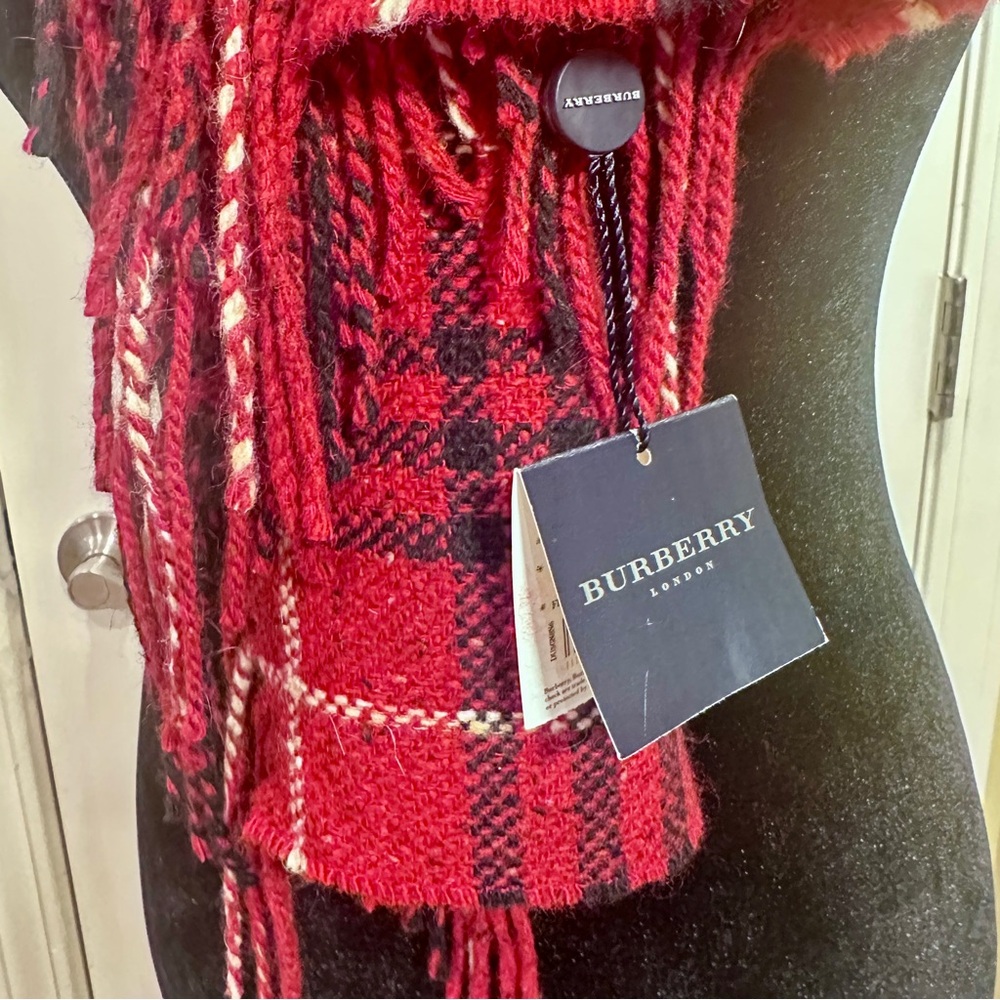 NEW tag Burberry Red Black Plaid Check Happy Fringe Scarf Merino Angora Cashmere - Picture 5 of 11